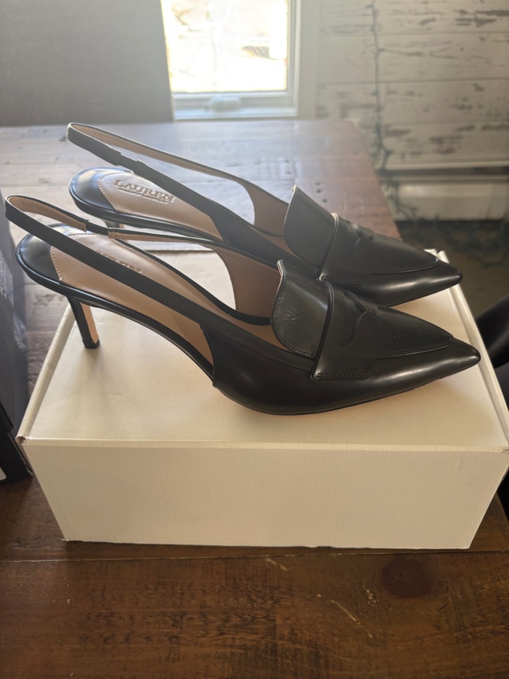 Lauren Ralph Lauren Black Leather Pointed Slingback Heels
